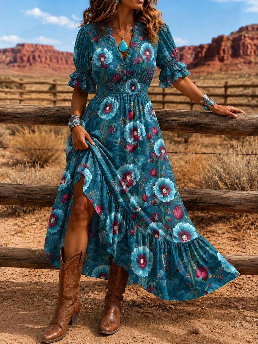 Women's Retro Art Print Washed Cotton Lace Patchwork Midi Dress